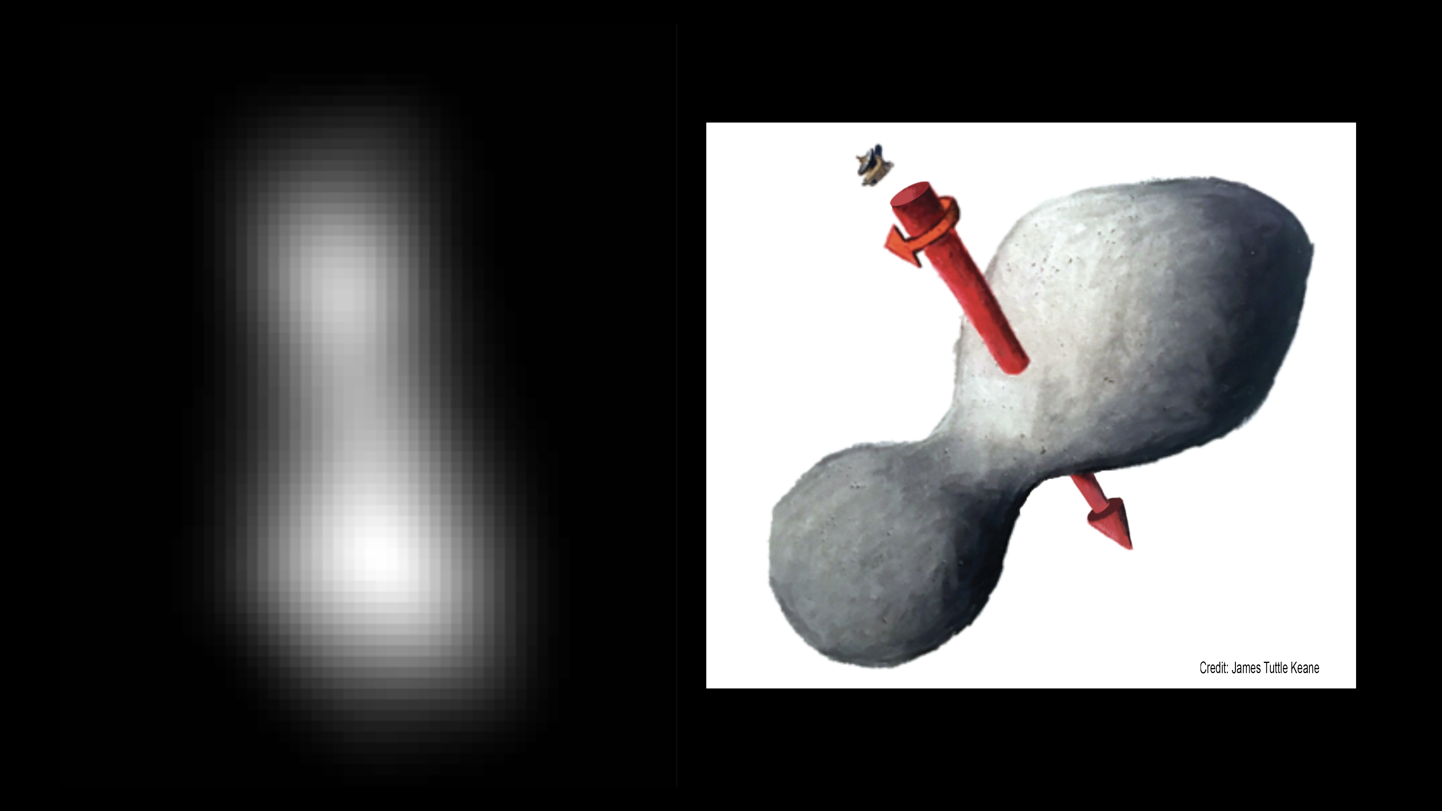 01 January 2019 image of Ultima Thule by New Horizons spacecraft and sketch of object and rotation courtesy James Tuttle Keane