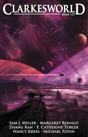 Cover of Clarkesworld issue 117 edited by Neil Clarke with beasts on a desolate alien landscape and a sky full of nearby planets and a rocket