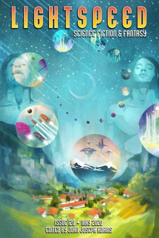 Cover of Lightspeed Magazine issue 120 May 2020 with painting of town in valley surrounded by mountains with two people in the sky and circle portals showing different futuristic times arranged in a spiral