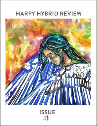 Cover of Harpy Hybrid Review Issue 1 with cover art by Elena Valdés Chavarría and cover typography by Annelies Zijderveld featuring a painting of an angel with wings folded in front